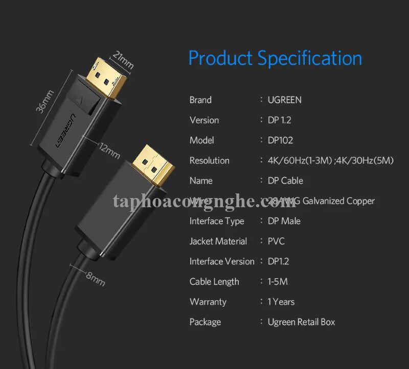 Ugreen 10212 3M Màu Đen Cáp 2 Đầu Displayport chuẩn V1.2 thuần đồng DP102 30010212